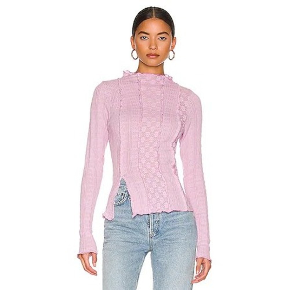 Free People Lula Top Lavender Moonlit Orchid Lace Mock Neck Long Sleeve Medium